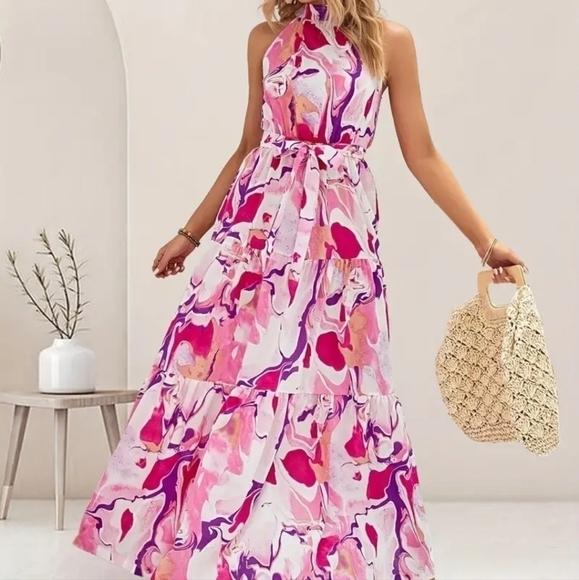 Geometric Pattern Belted Peplum Maxi Dress - Picture 1 of 11